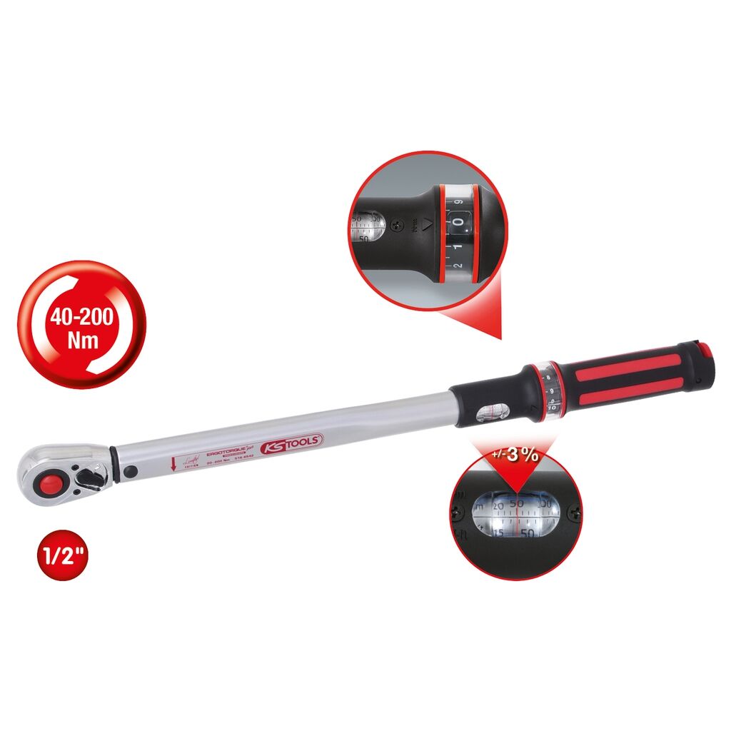 KS TOOLS Drehmomentschlüssel 1/2" 40-200Nm Drehknopf Umsteck-Ratschenkopf Quick-Lock