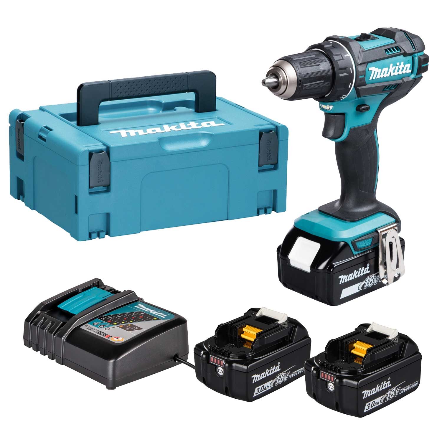 MAKITA Akku-Bohrschrauber DDF482RFJ 18V 2 Akkus 3Ah Ladegerät MAKPAC