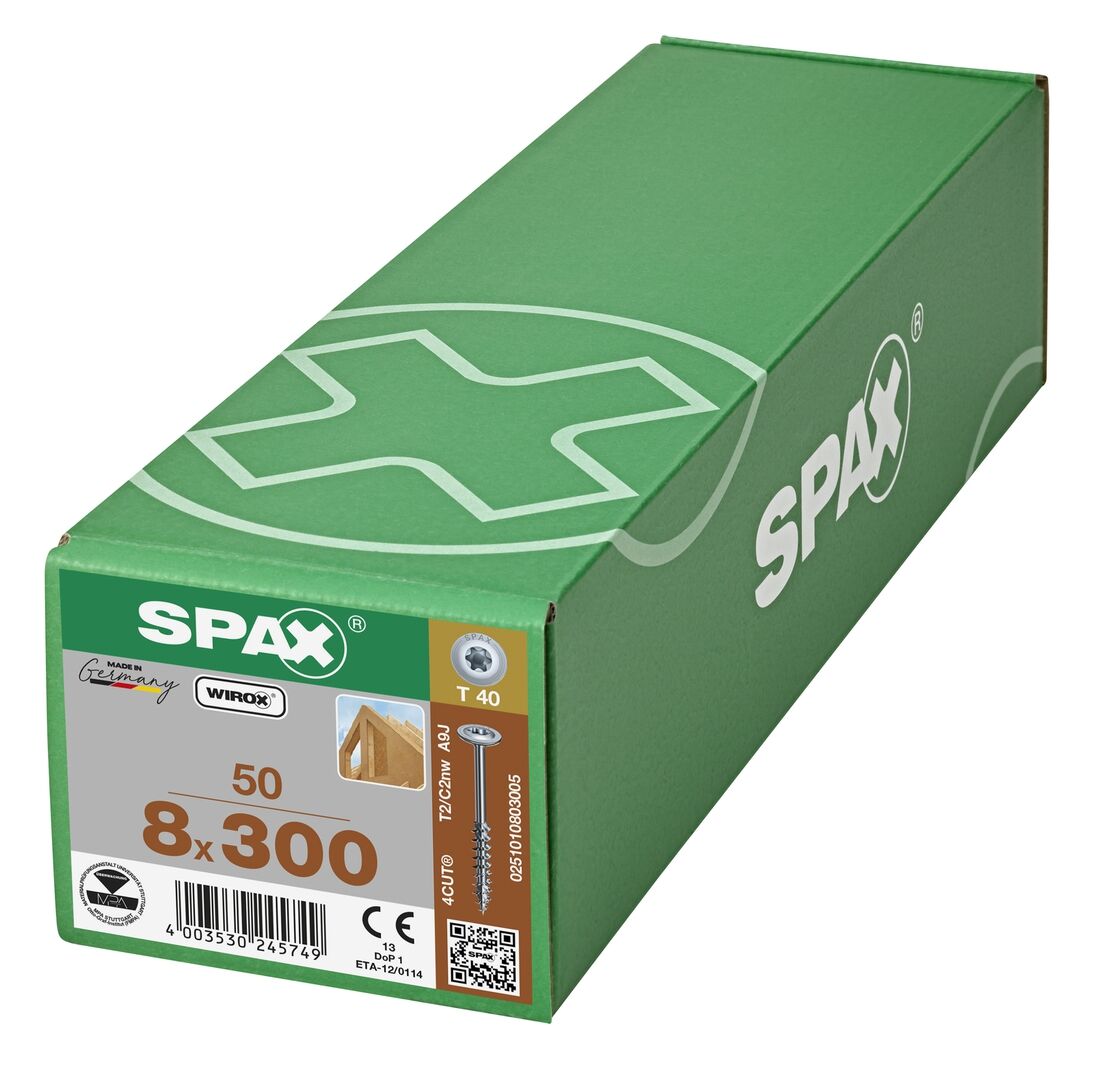 SPAX Holzbauschraube T40 8x300mm Tellerkopf Teilgewinde T-STAR+ 4CUT WIROX 50 Stück