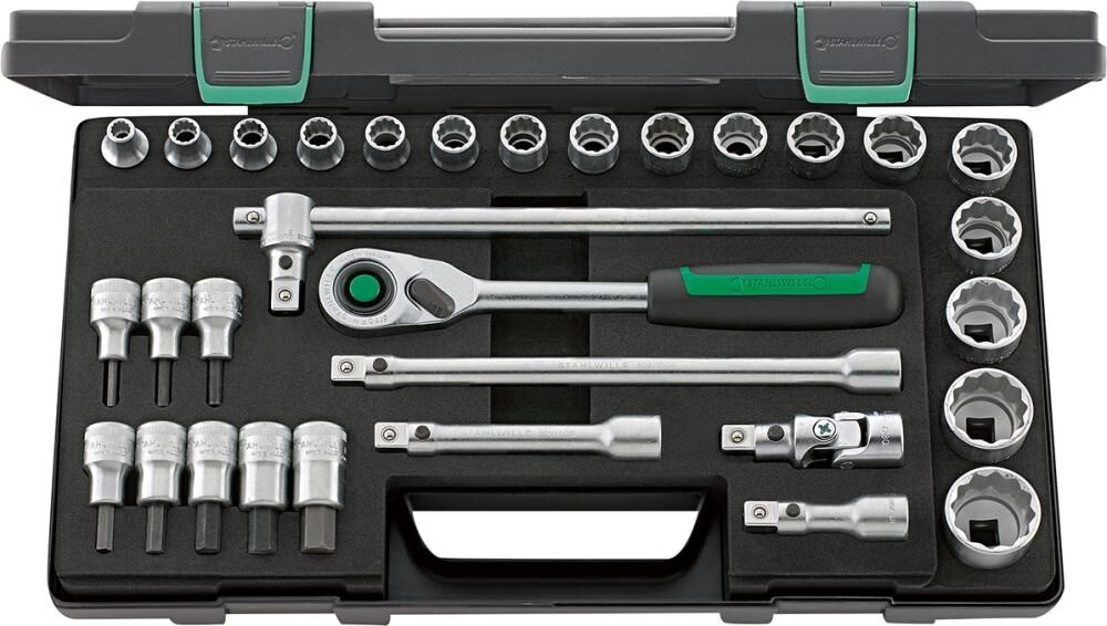 STAHLWILLE Steckschl.Garnitur 1/2" SW8-32mm mitQR+Zub. 31tlg.