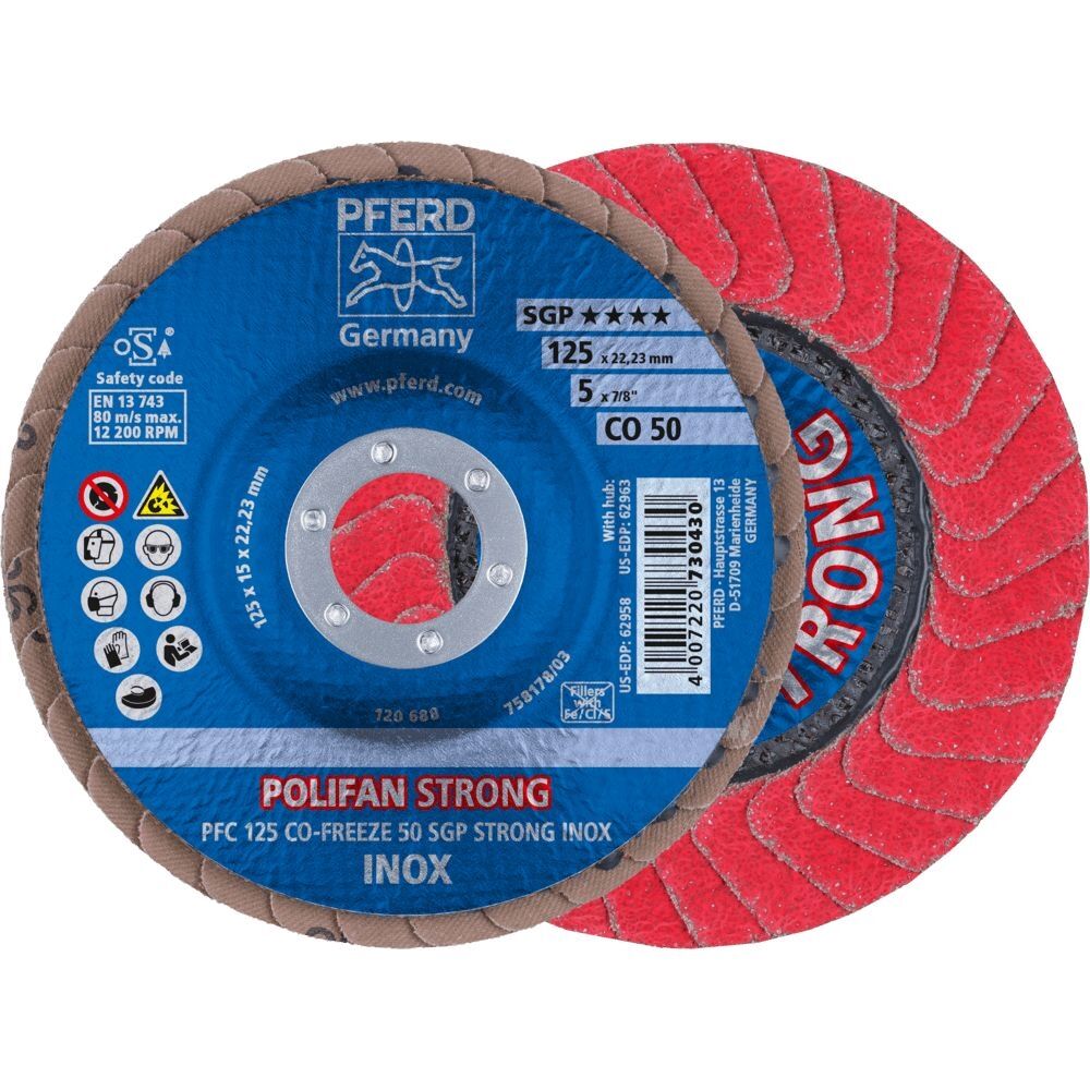 PFERD Fächerschleifscheibe Polifan SGP CO-Strong FREEZE 125x22.23mm K 50