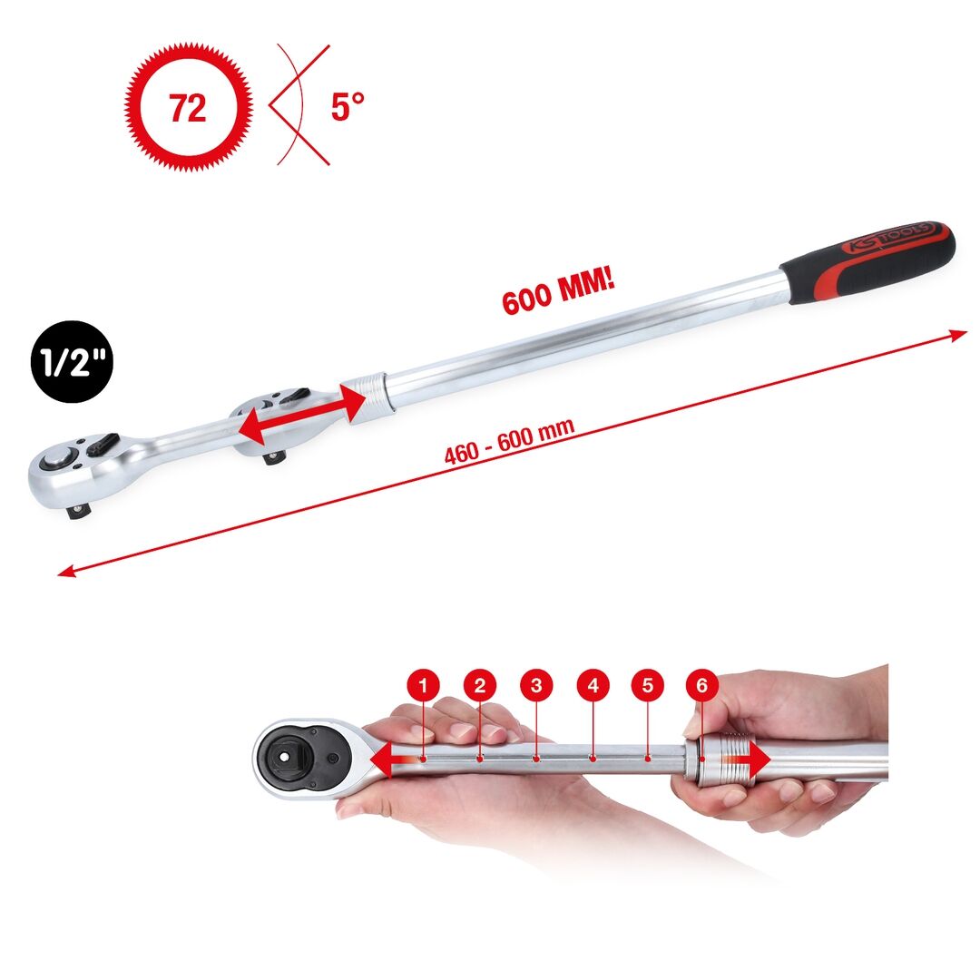 KS TOOLS Teleskop-Umschaltknarre 1/2" extra lang 72 Zahn 460-600mm