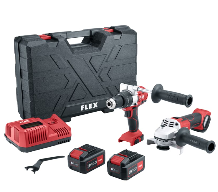 FLEX Akku-Schlagbohrschrauber Set PD2G18 + Akku-Winkelschleifer 18V 2x5Ah