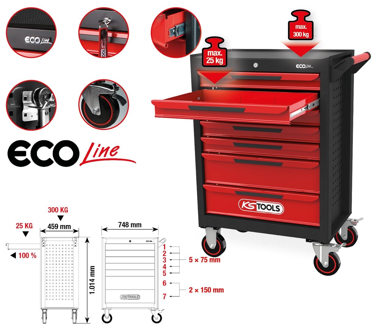 KS TOOLS Werkstattwagen 7 Schubladen ECOline 897.0007