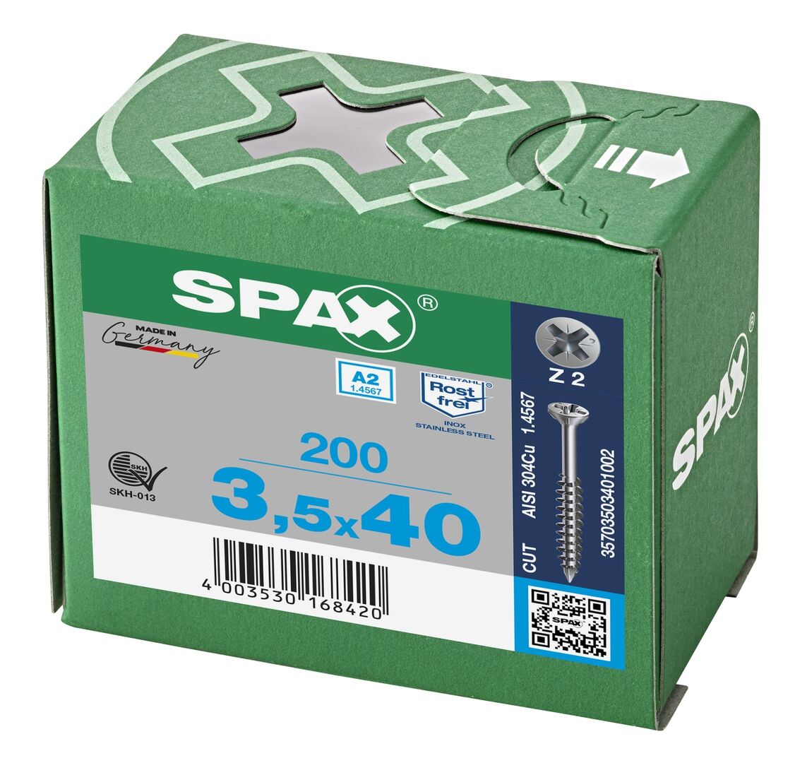 SPAX Glasleistenschraube A2 3,5x40mm PZ2 Senkkopf Teilgewinde CUT Edelstahl 200 Stück