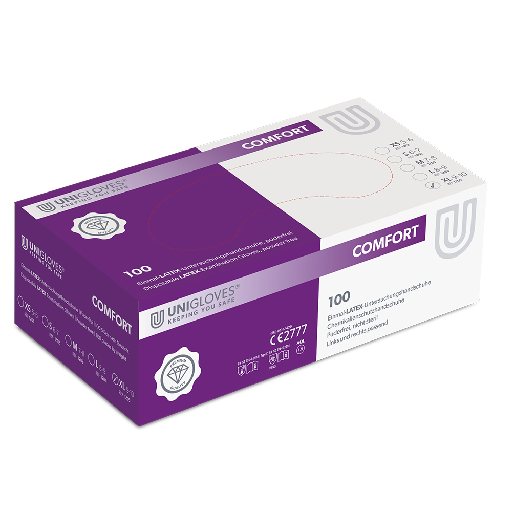 UNIGLOVES Latexhandschuhe COMFORT 1205 puderfrei Gr. XL Box a 100 Stück