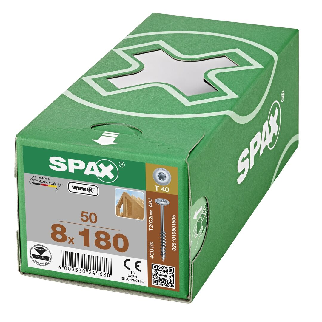 SPAX Holzbauschraube T40 8x180mm Tellerkopf Teilgewinde T-STAR+ 4CUT WIROX 50 Stück