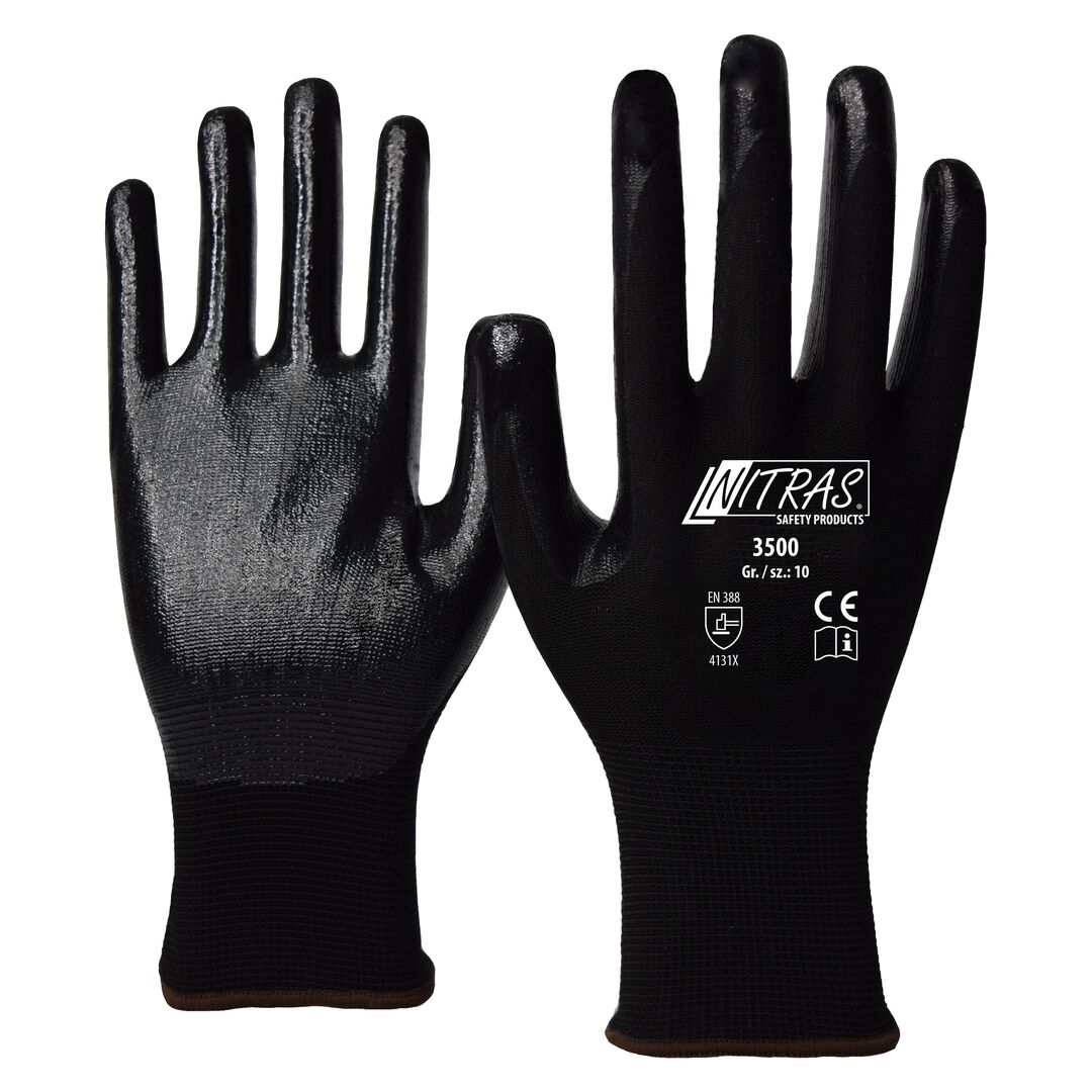 NITRAS Nylon-Nitrilhandschuhe Gr. 8 schwarz teilbeschichtet mit Strickbund 3500