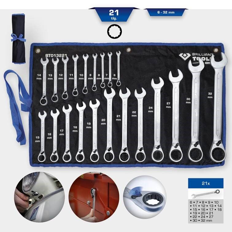 BRILLIANT TOOLS Ringschlüssel Ratschenschlüssel Set 6-32mm 21-teilig umschaltbar