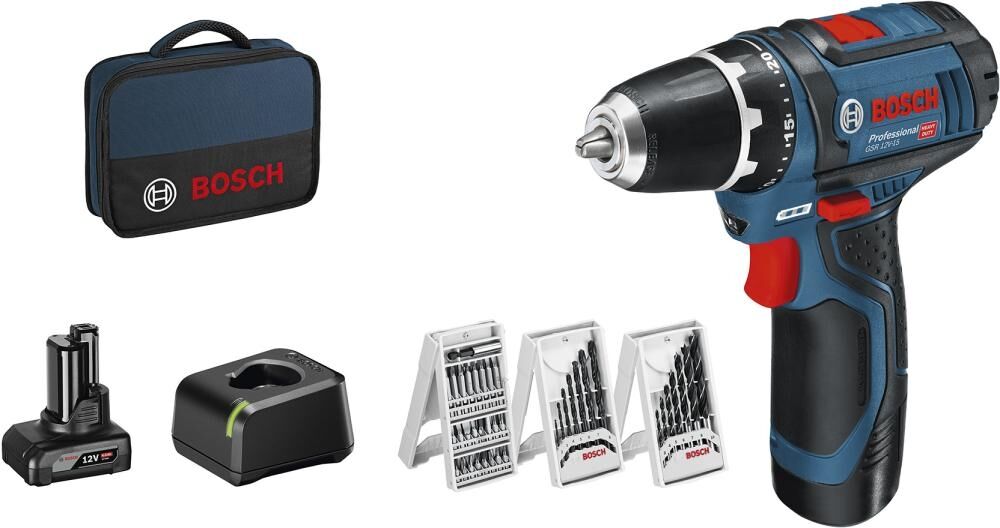 BOSCH Akku-Bohrschrauber GSR 12V-15 2Ah 4Ah Ladegerät + 39-teiliges Zubehör in Tasche