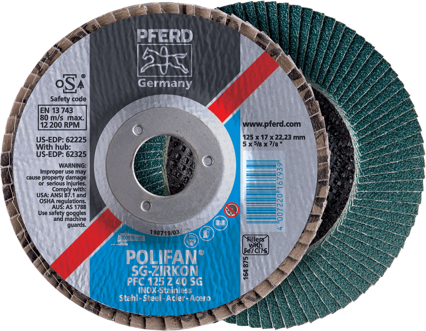 PFERD Fächerschleifscheibe Zirkonkorund 115x22mm gerade K40