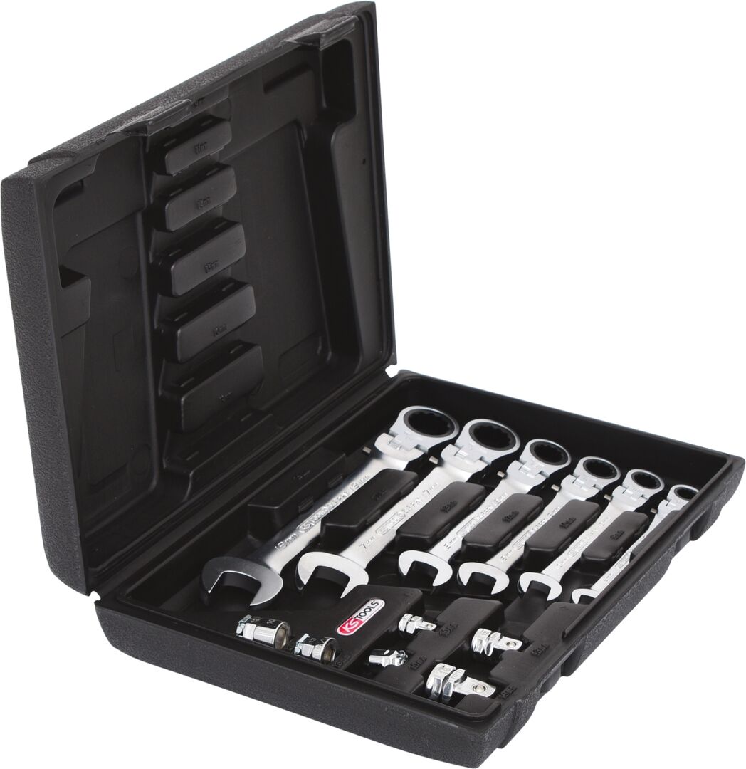 KS TOOLS Gelenk-Ringratschenschlüssel Set 8 10 12 13 17 19 + 6 Adapter 12-teilig