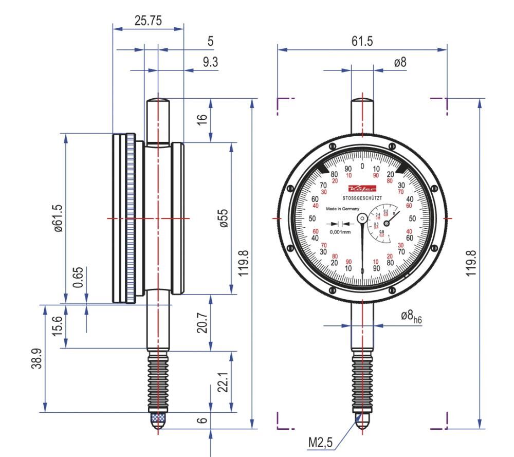 KÄFER Messuhr IP 67 Ablesung 0,01 D 61,5mm