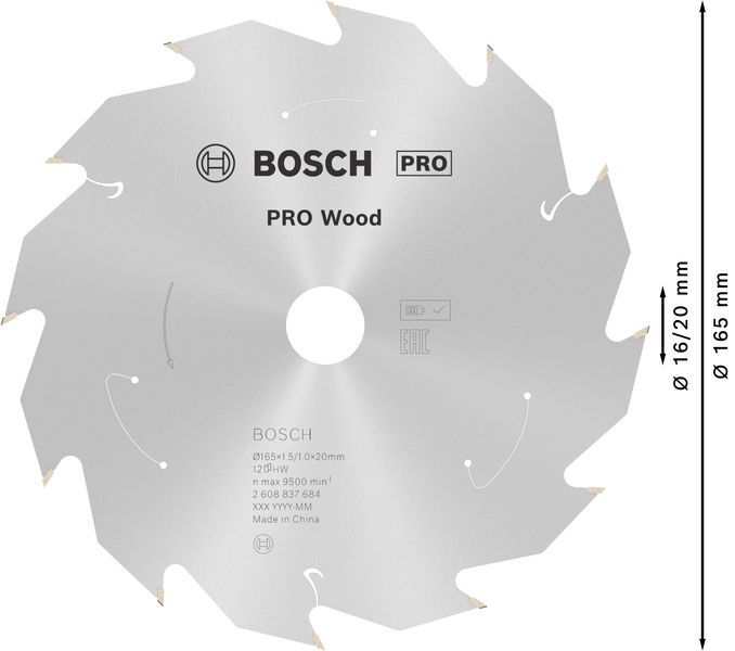 BOSCH Kreissägeblatt Expert for Wood 165x20x1,5/1m 12Z