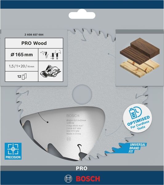 BOSCH Kreissägeblatt Expert for Wood 165x20x1,5/1m 12Z