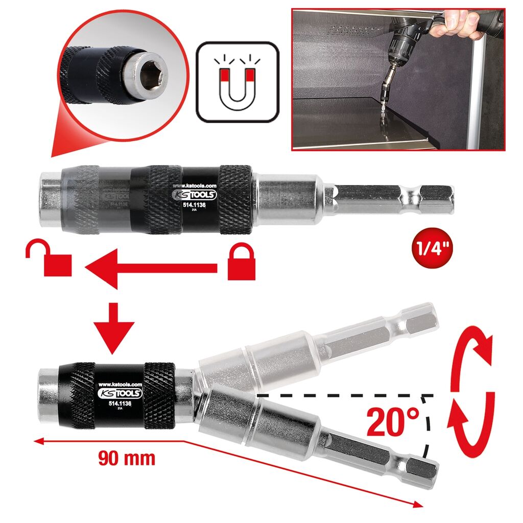 KS TOOLS Schnellwechsel-Bithalter 1/4" magnetisch mit Gelenk