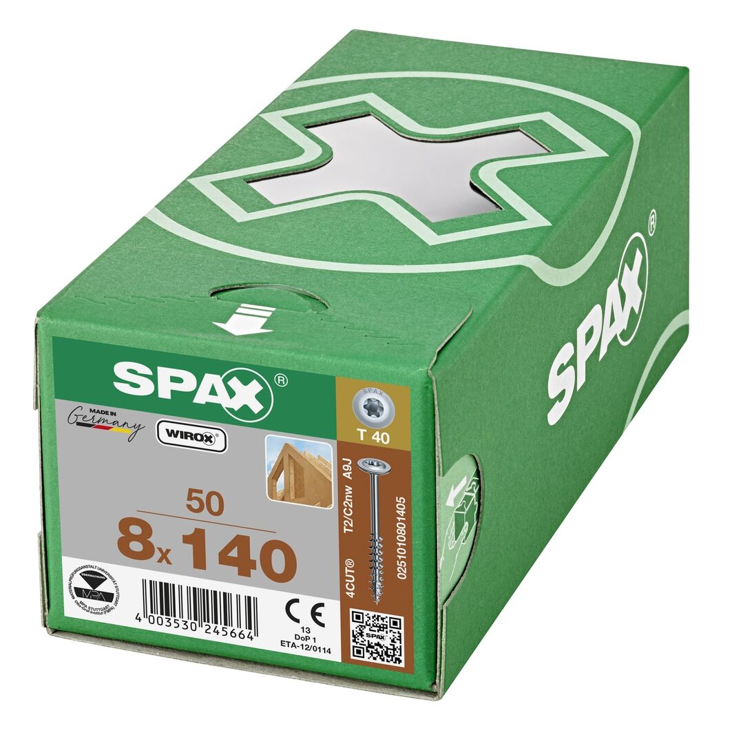 SPAX Holzbauschraube T40 8x140mm Tellerkopf Teilgewinde T-STAR+ 4CUT WIROX 50 Stück
