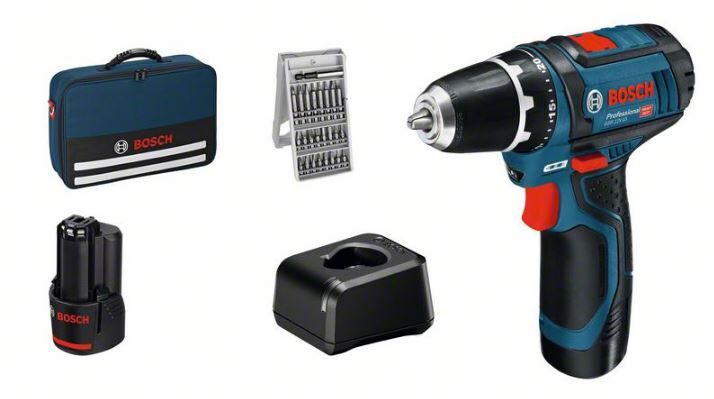 BOSCH Akku-Bohrschrauber GSR 12V-15 2x12V 2,0Ah Ladegerät Bit-Set 25-teilig in Tasche