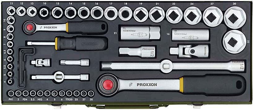 PROXXON Steckschlüsselkasten 1/4" + 1/2" Ratsche 56-teilig