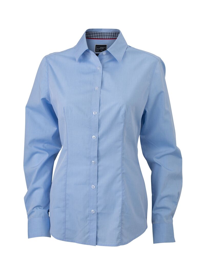 JAMES & NICHOLSON Bluse langarm light-blue/navy-white Gr. M