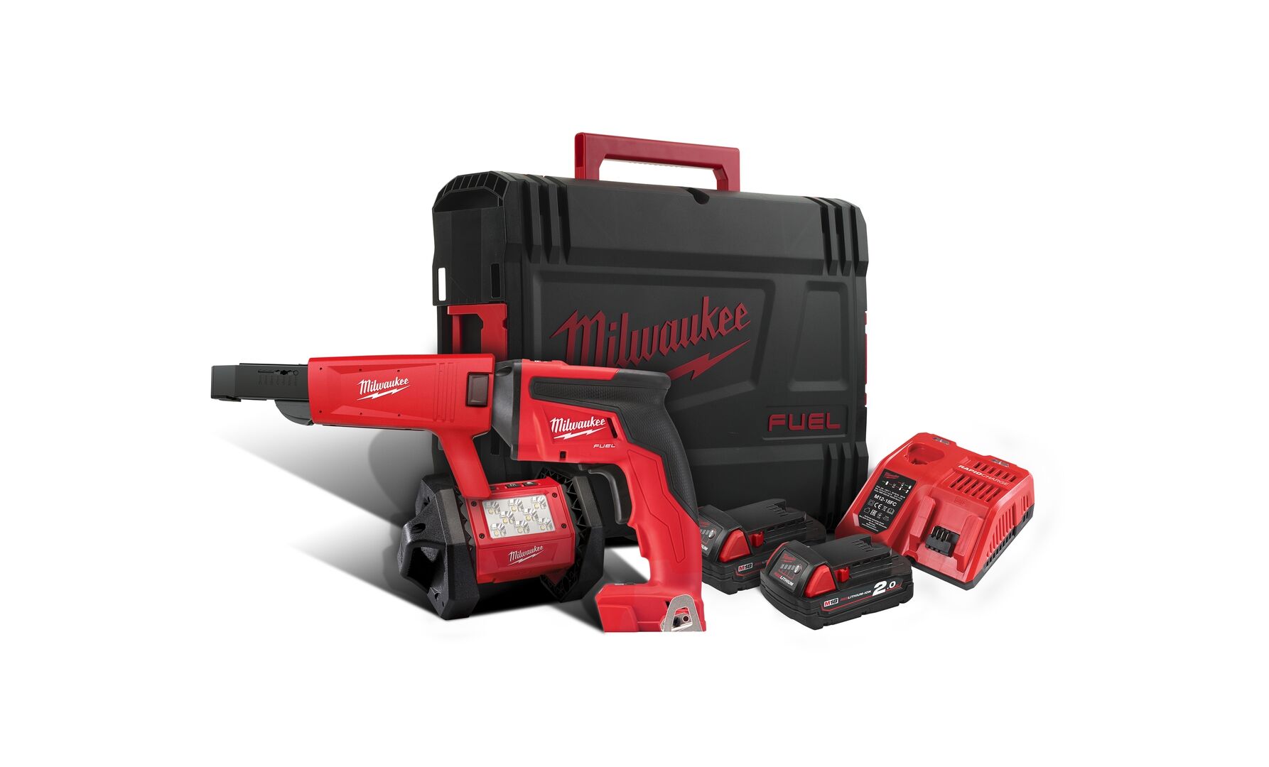 MILWAUKEE Trockenbauschrauber 18 V M18FPP2J-202X, 2x2,0 Ah + Leuchte M18AL
