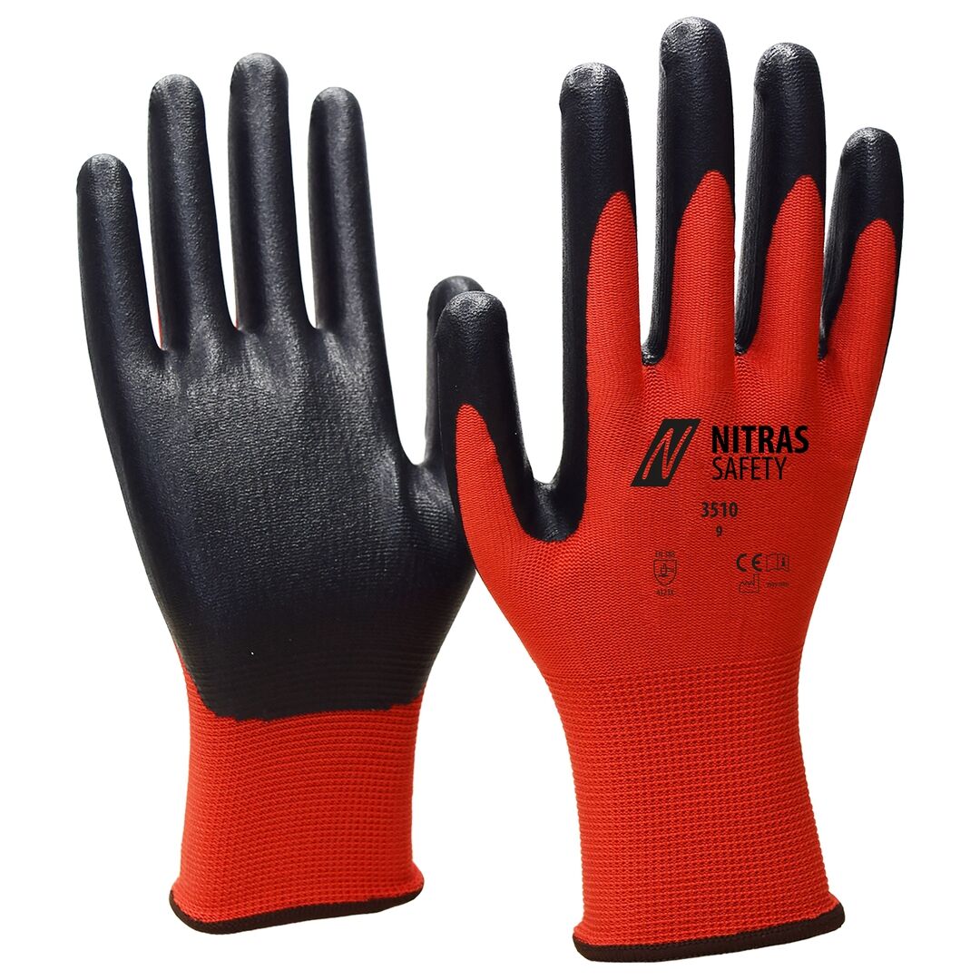 NITRAS Nylonhandschuhe Gr. 8 Nitrilschaumbeschichtung rot/schwarz 3510