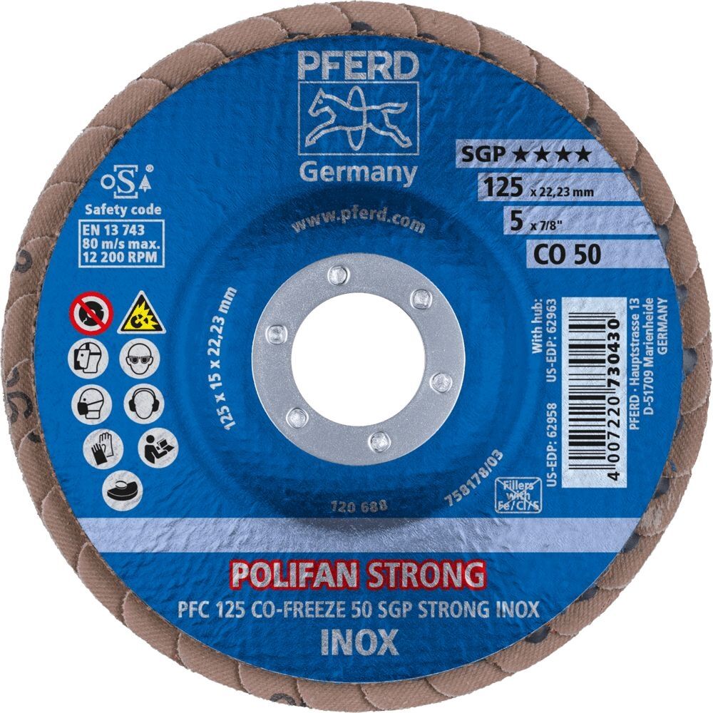 PFERD Fächerschleifscheibe Polifan SGP CO-Strong FREEZE 125x22.23mm K 50