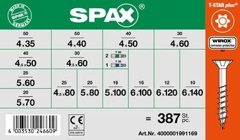 SPAX Sortiment Koffer Schraubenset mit 14 Abmessungen T-Star plus WIROX 387-teilig