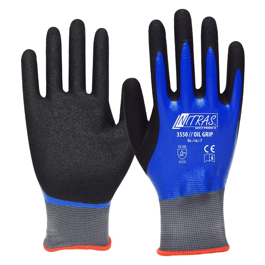NITRAS Montagehandschuhe Oil Grip Gr. 10 Nitril gesandet blau/schwarz 3550
